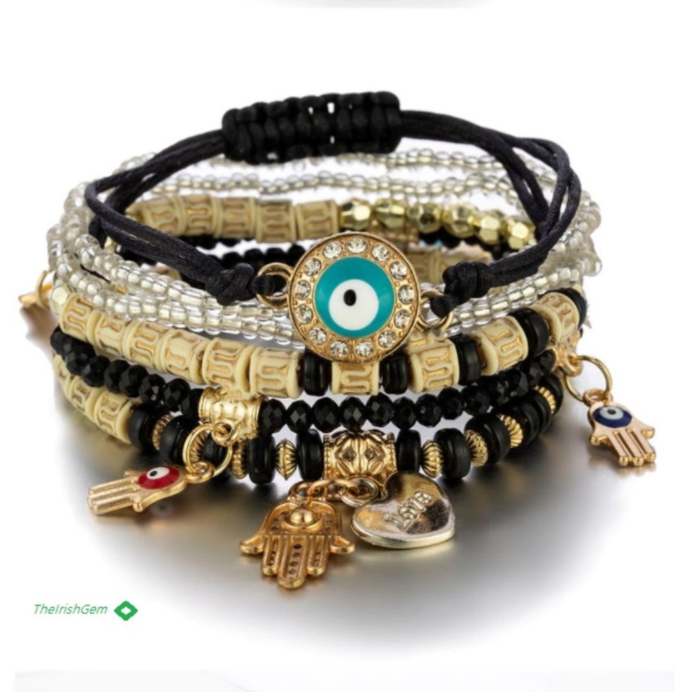 Multi Layered 7 pc. Hamsa  Evil Eye Bracelet set